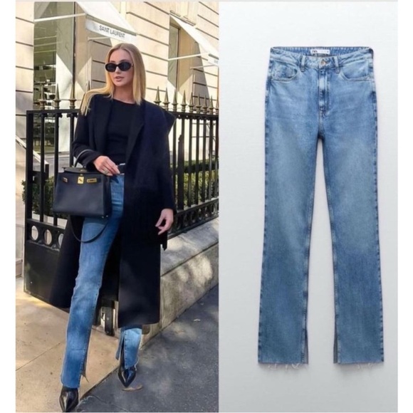 ✨NWOT | Zara | High Rise Slim Flare Split Hem Medium wash Jeans - Picture 2 of 13